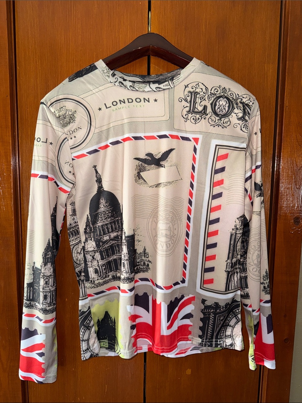 London Postage-Print Long Sleeve Men’s Shirt - Beige with Red & Black Accents